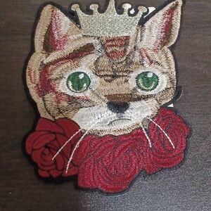 Embroidered Cat Patch with Crown and Roses
